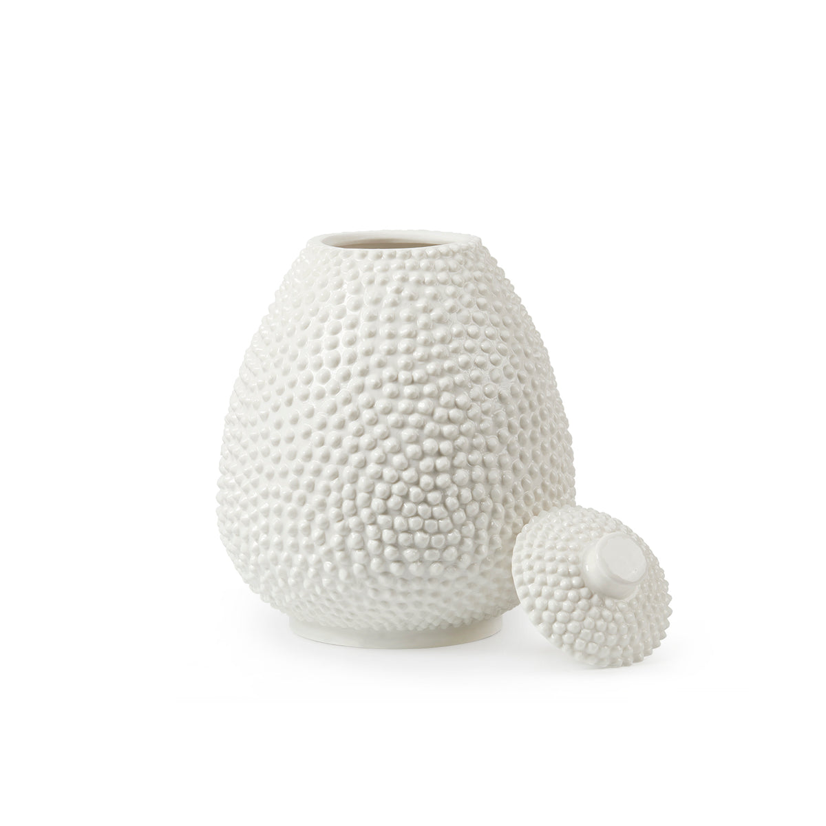 Adut Tall Vase by Villa & House — beaded white glazed porcelain vessel shown open with its fitted lid removed