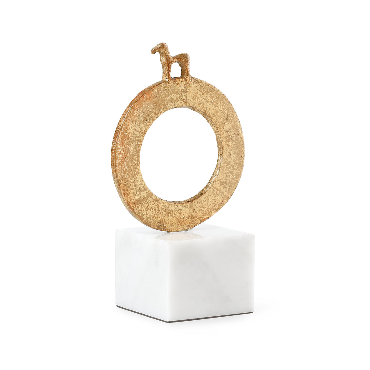 Akkadia Statue by Villa & House — Gold Leaf variant with textured ring and horse figure on a Carrara marble base, angled view