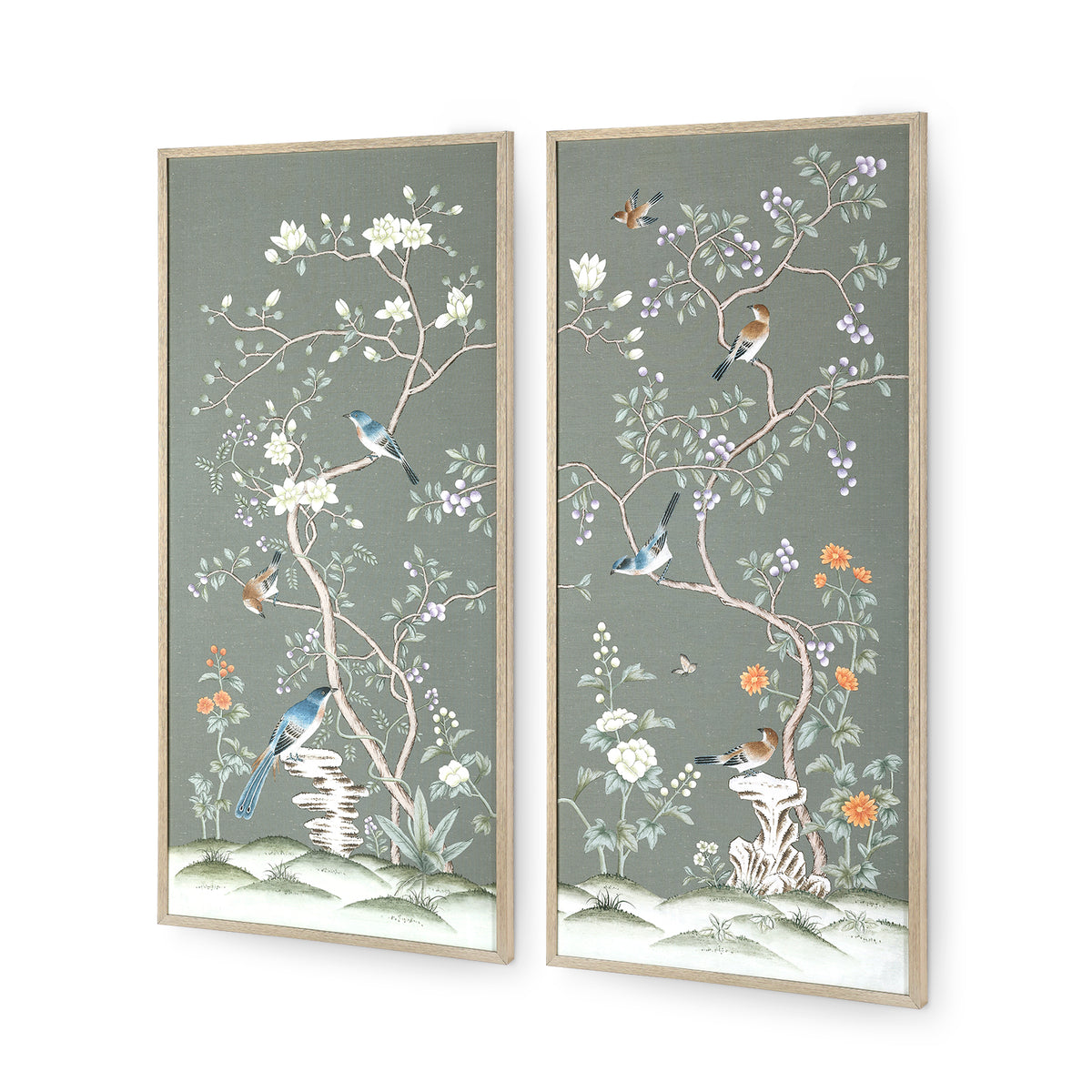 Celadon Bough Framed Silk Panel Pair