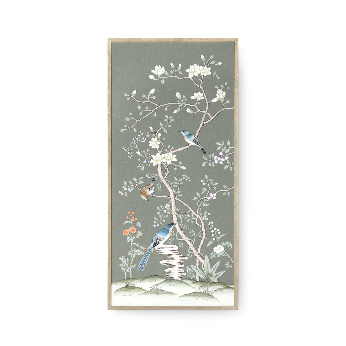 Celadon Bough Framed Silk Panel Pair