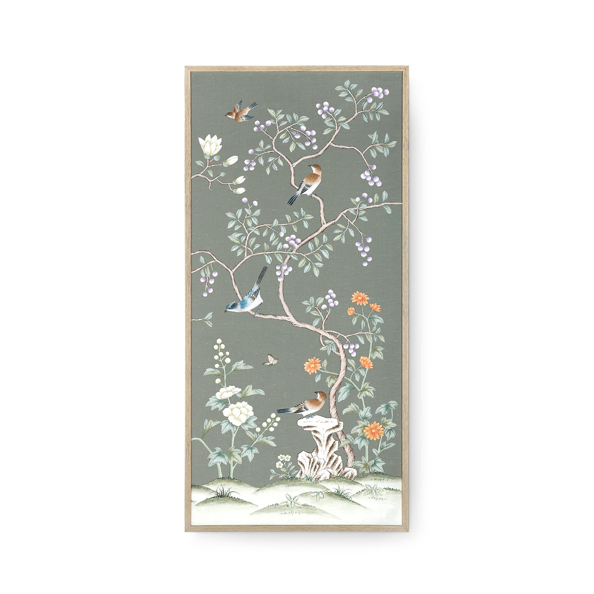 Celadon Bough Framed Silk Panel Pair