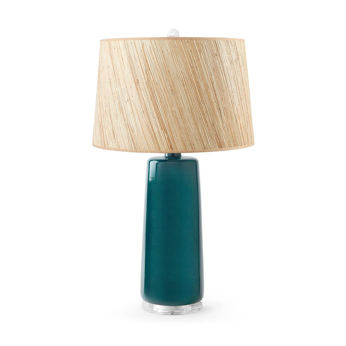 Edgware Lamp by Villa & House — bottle-form glazed ceramic base with clear acrylic foot and natural raffia papyrus shade, front view.