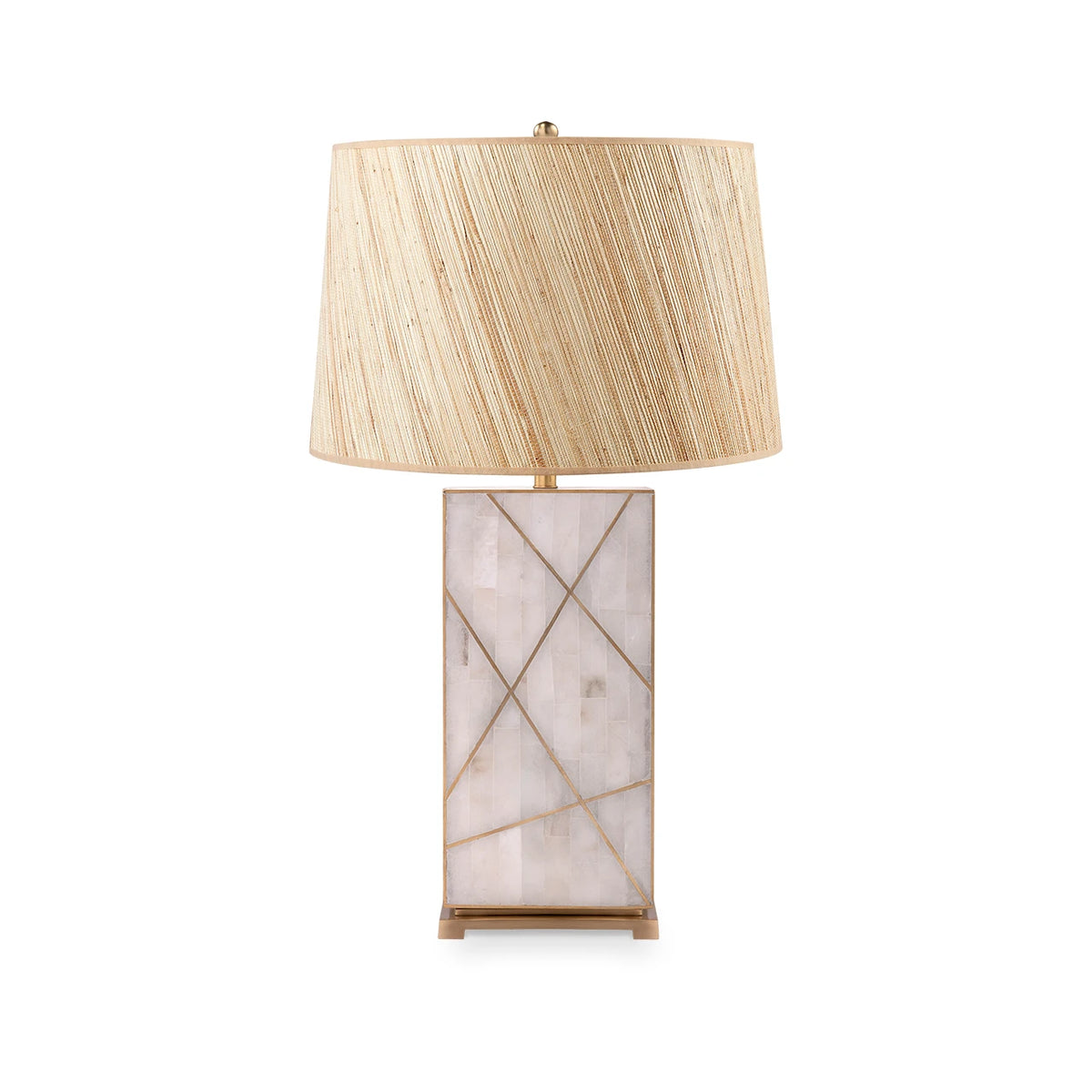 Elgin Lamp by Villa & House — tessellated marble body with polished brass seams and natural raffia papyrus shade, front view.