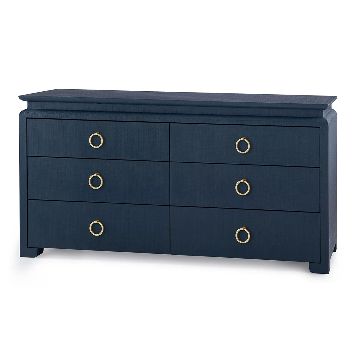 Elina Extra Large 6-Drawer Dresser by Villa & House — lacquered heavy linen with polished brass ring pulls, angled view