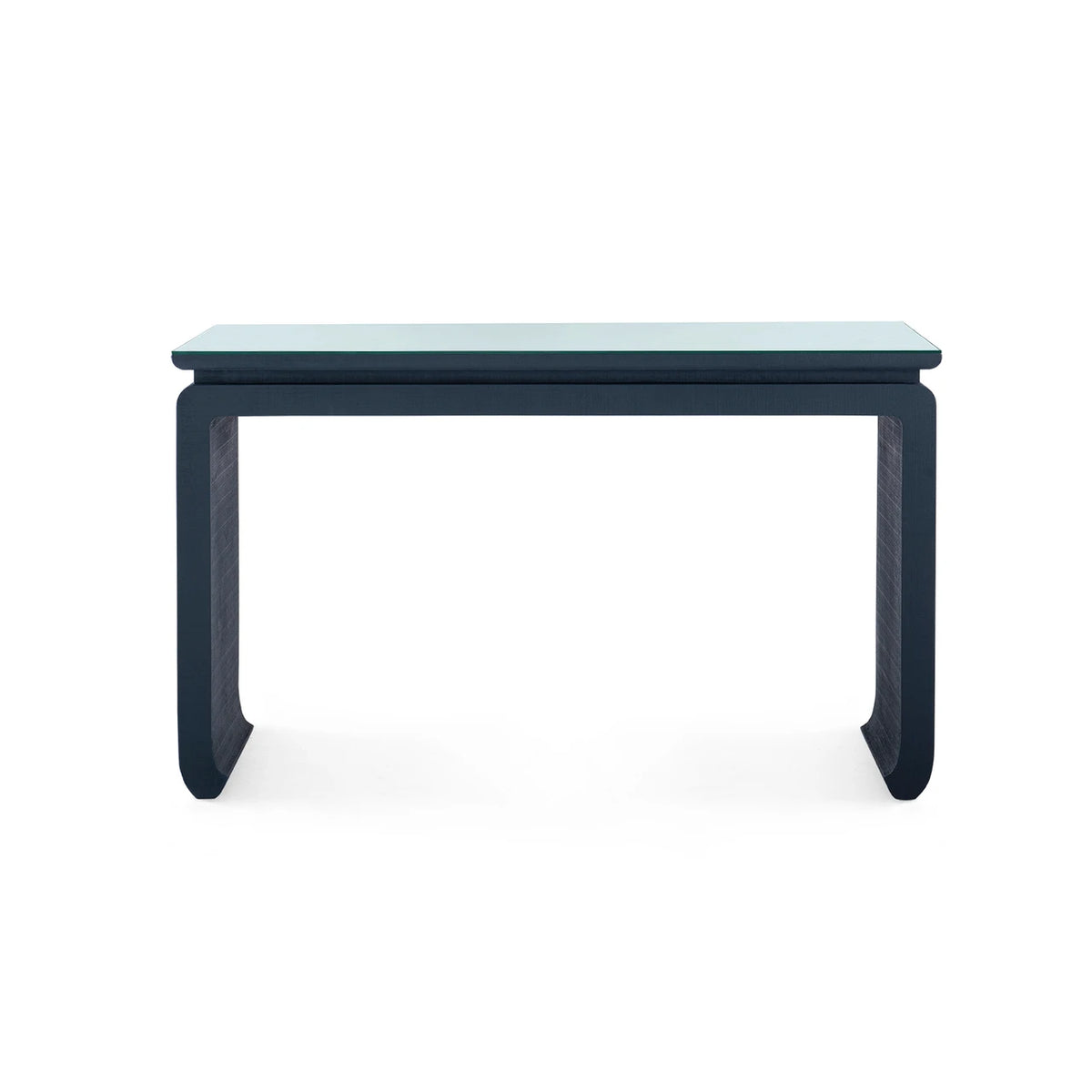Elina Console with Glass Top by Villa & House — front view highlighting the clear glass top and curved dark-blue frame.