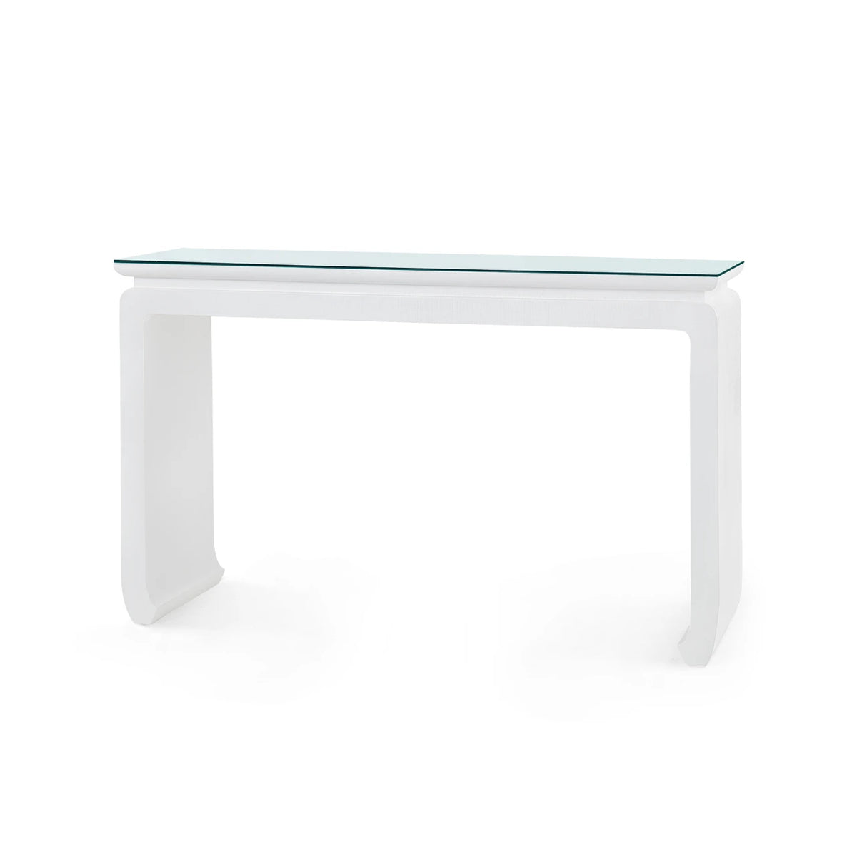 Elina Console with Glass Top by Villa & House — Vanilla lacquered linen console, angled view with clear glass top.