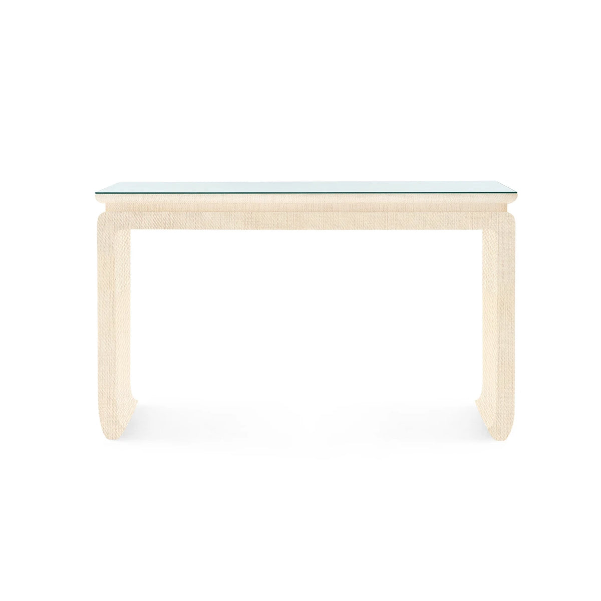 Elina Console with Glass Top by Villa & House — front view highlighting the clear glass top and natural linen-wrapped frame.
