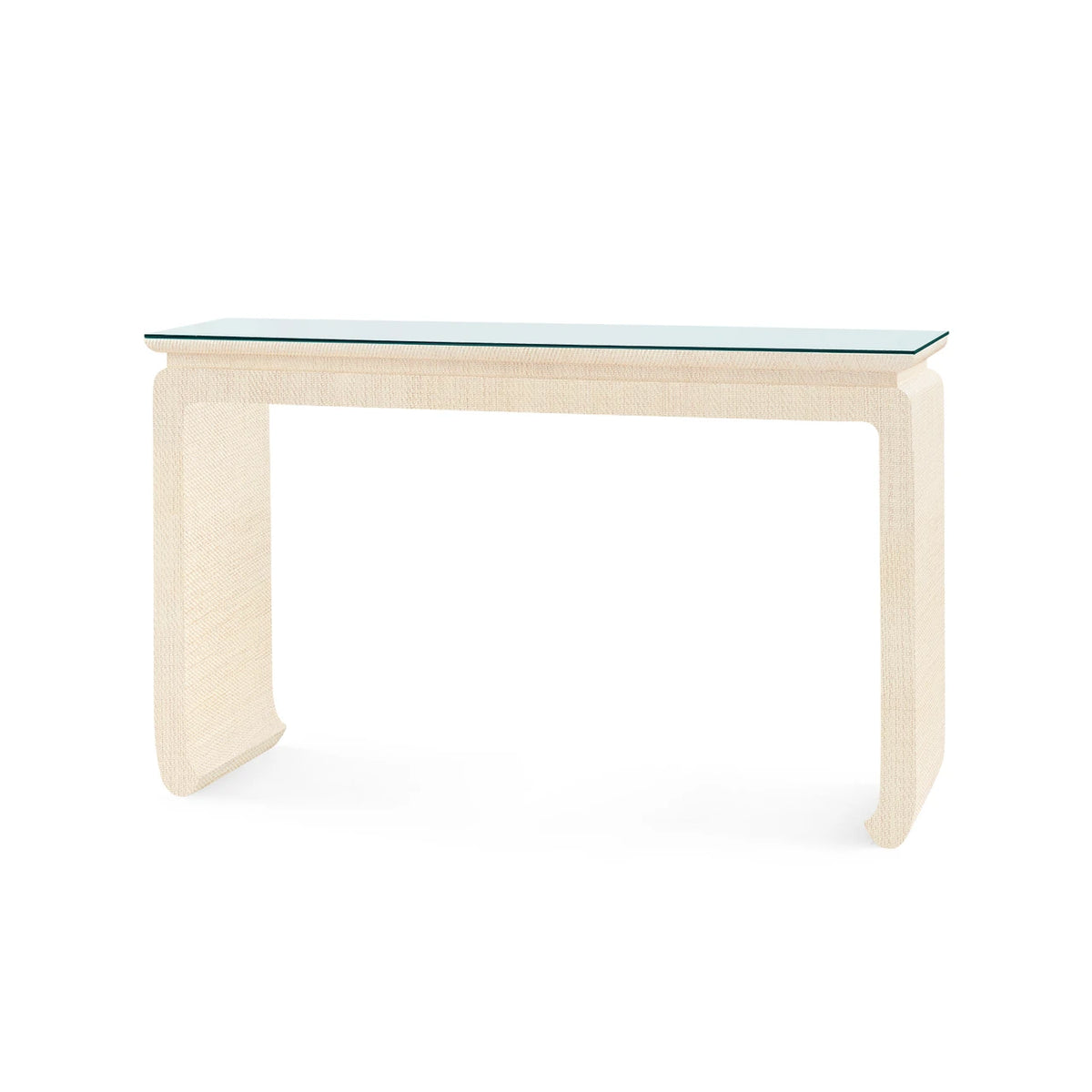 Elina Console with Glass Top by Villa & House — Natural Twill linen console, angled view with clear glass top.