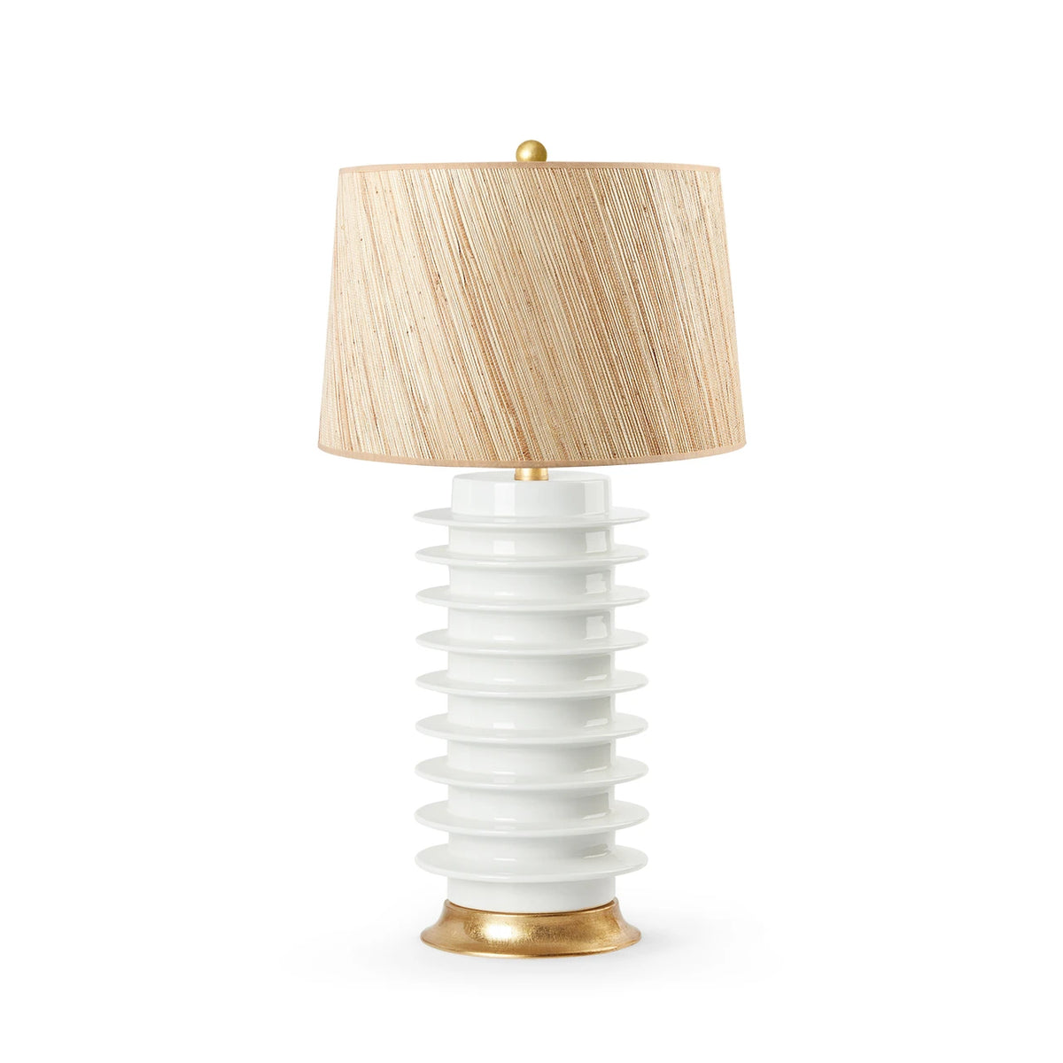 Elektra Lamp by Villa & House — Cool White geometric glazed porcelain base with gold-leaf accents and natural raffia papyrus shade.