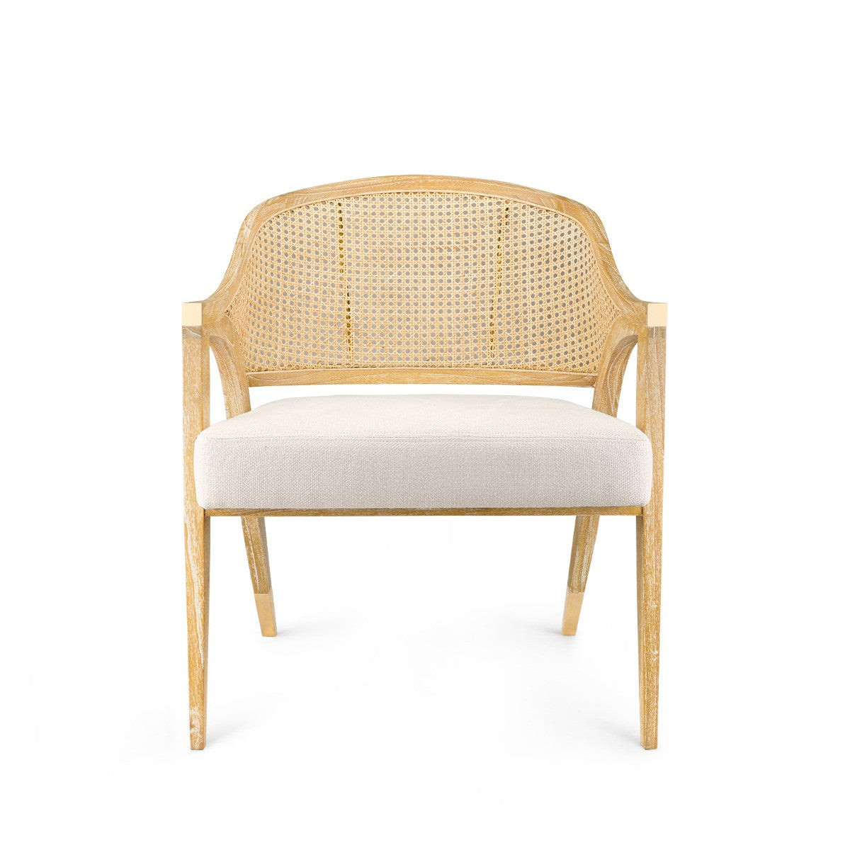 Edward Lounge Chair by Villa & House — light cerused mahogany, cane back and linen cushion, front view.