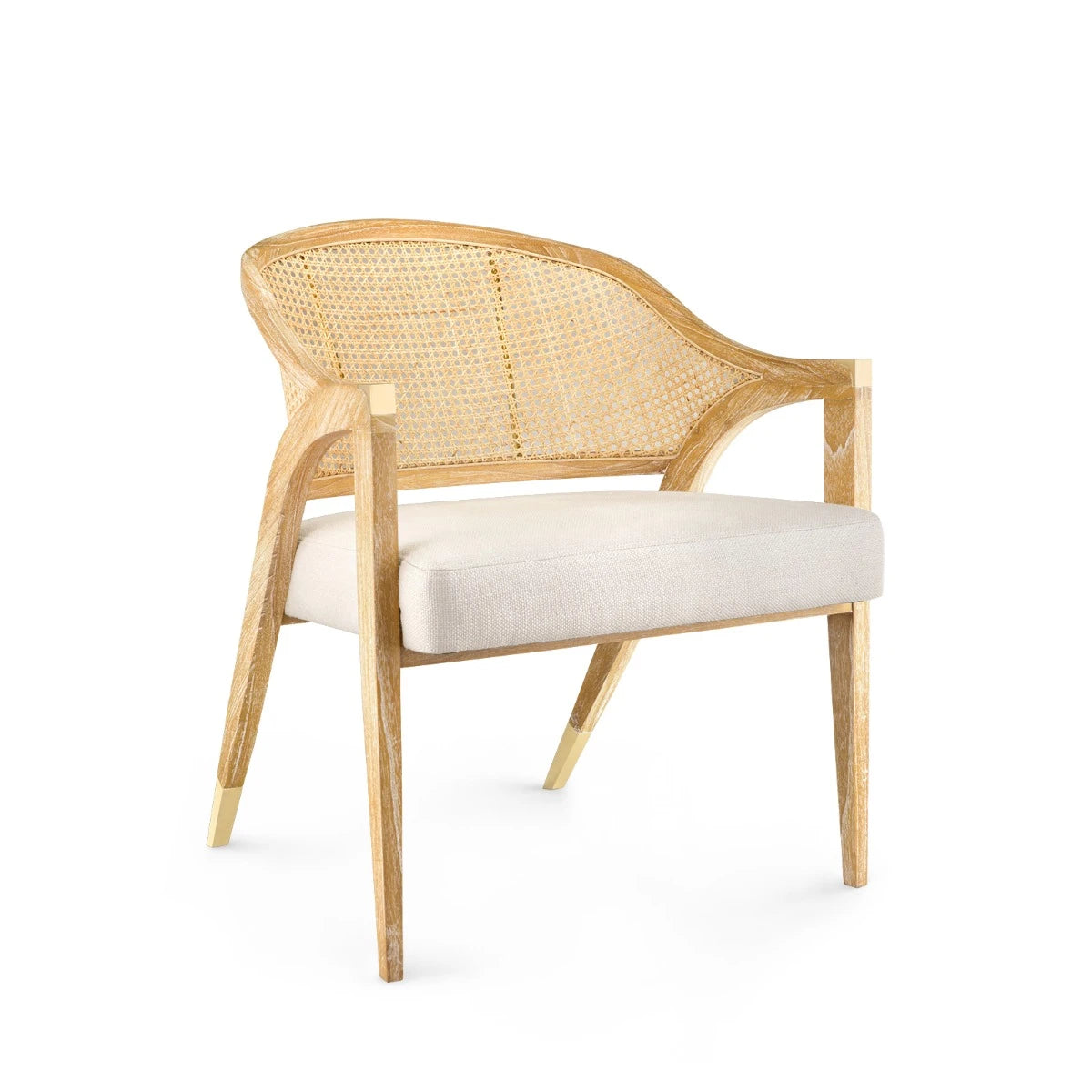 Edward Lounge Chair by Villa & House — Natural cerused mahogany, cane back and linen cushion, angled front view.