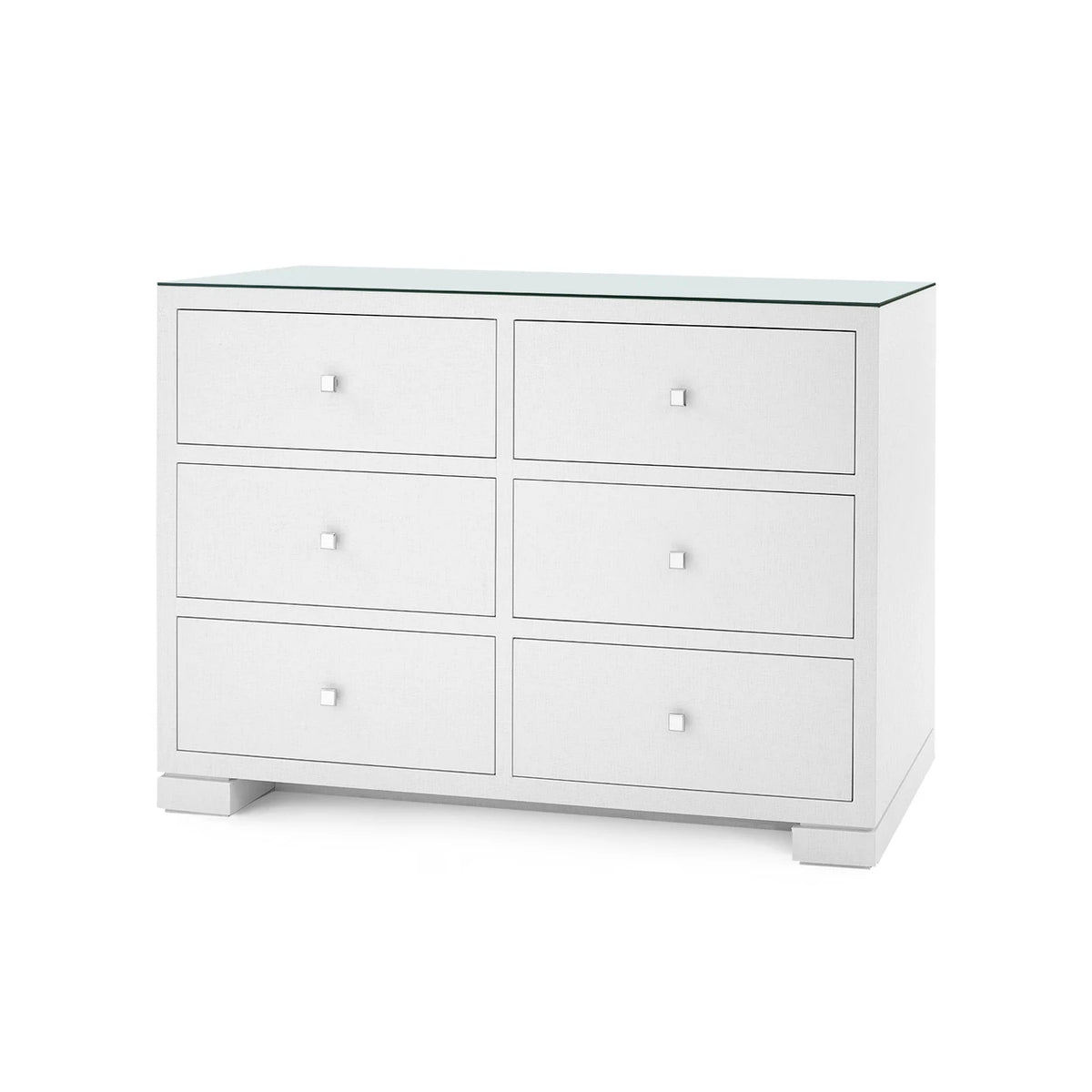 Frances Extra Large 6-Drawer with Glass Top by Villa & House — Chiffon White grasscloth, angled view