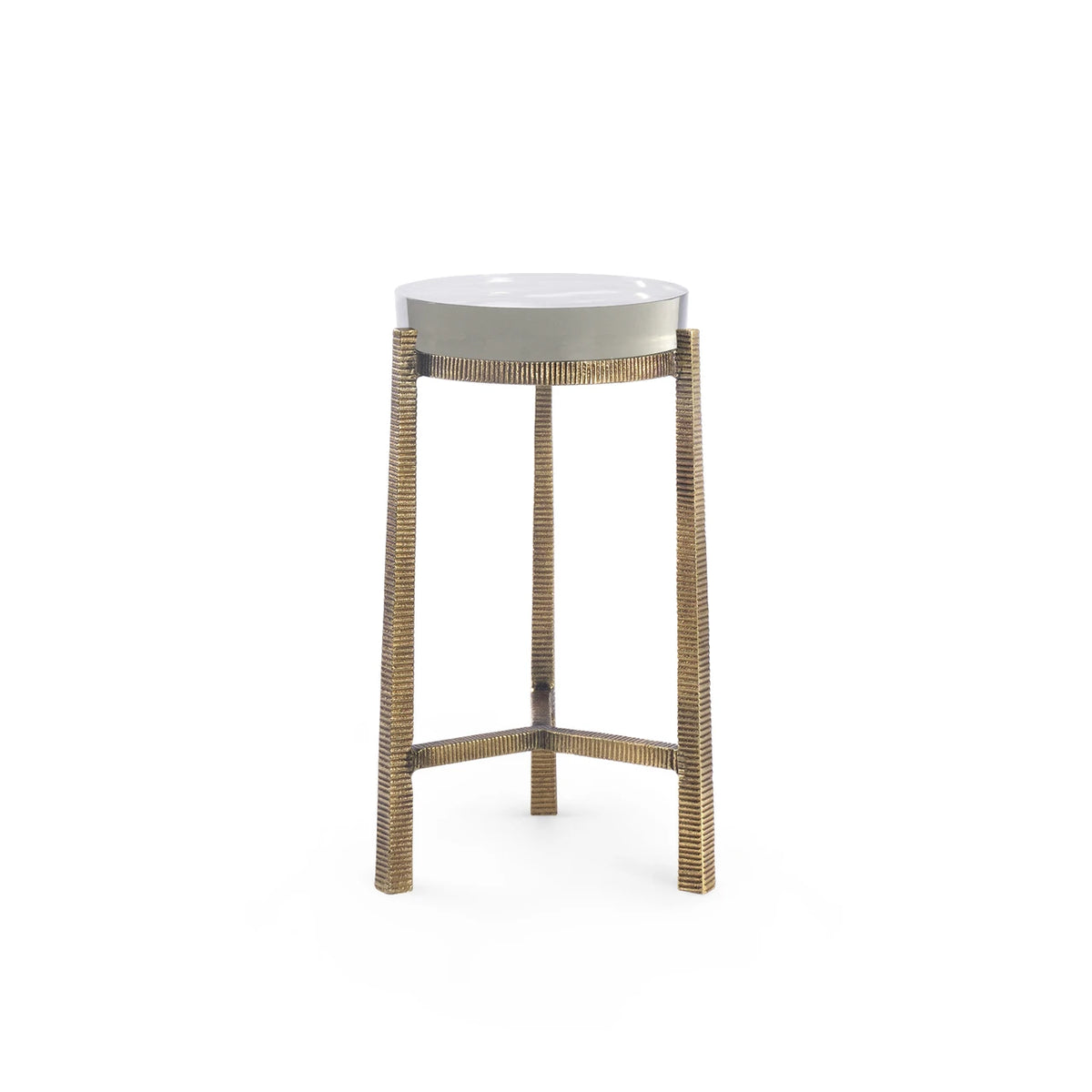 Gideon Accent Table by Villa & House — antique brass-textured three-leg base and hand-cast glass top, rear angled view