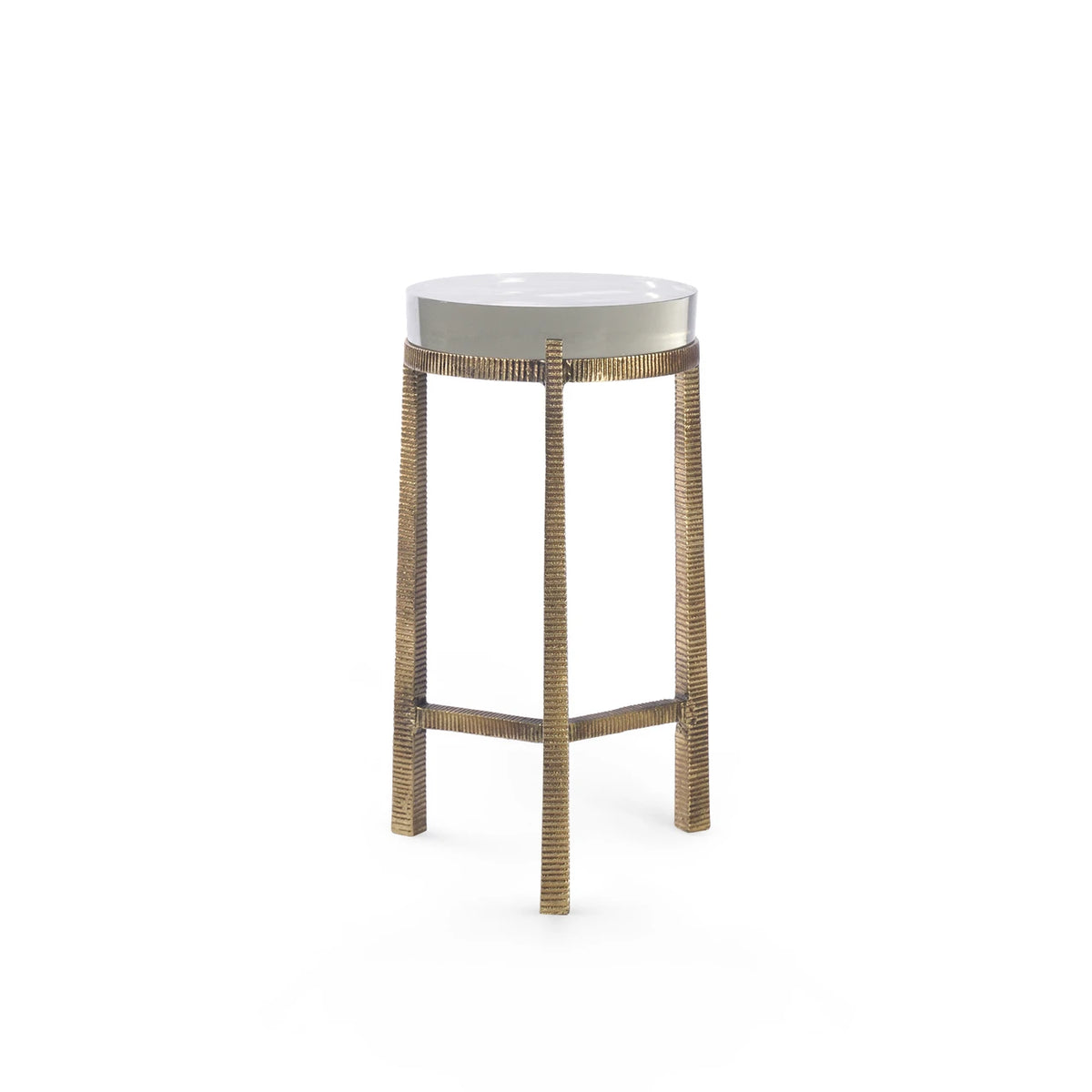 Gideon Accent Table by Villa & House — Small size with hand-cast glass top and antique brass-textured three-leg base, angled view