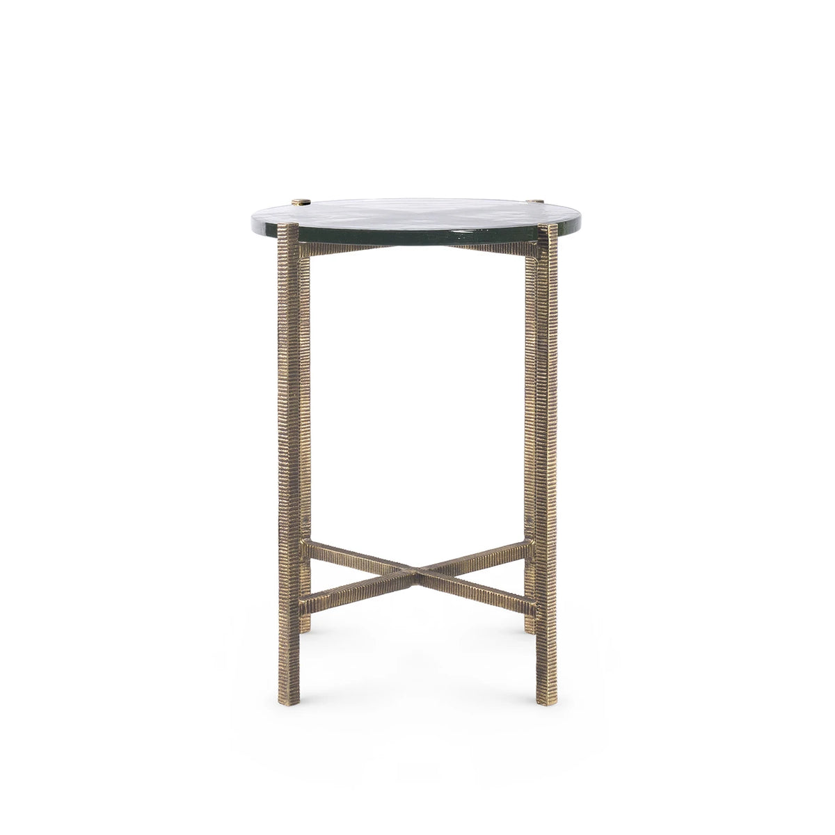 Gideon Accent Table by Villa & House — antique brass-textured four-leg base and hand-cast glass top, front view