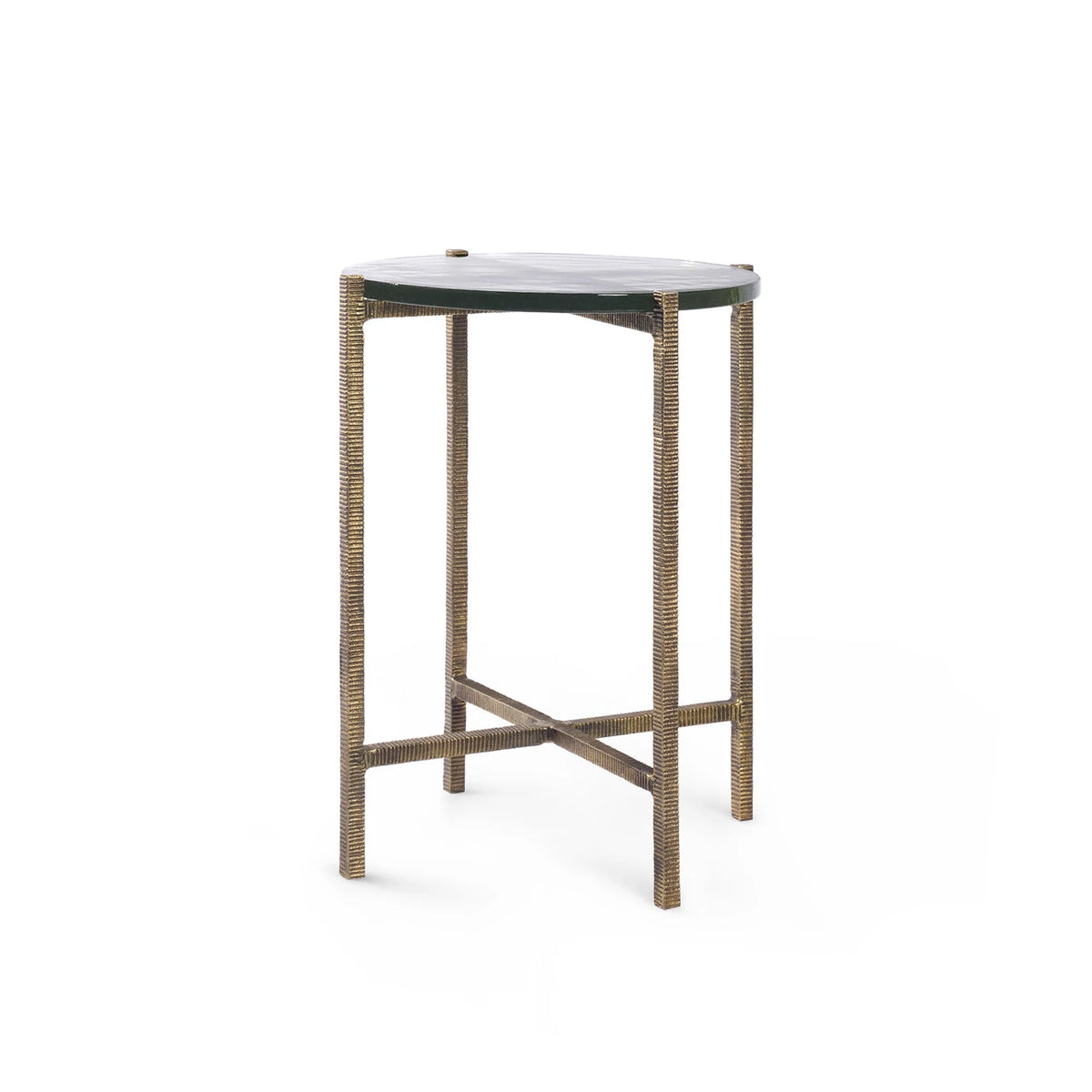 Gideon Accent Table by Villa & House — Large size with hand-cast glass top and antique brass-textured four-leg base, angled view