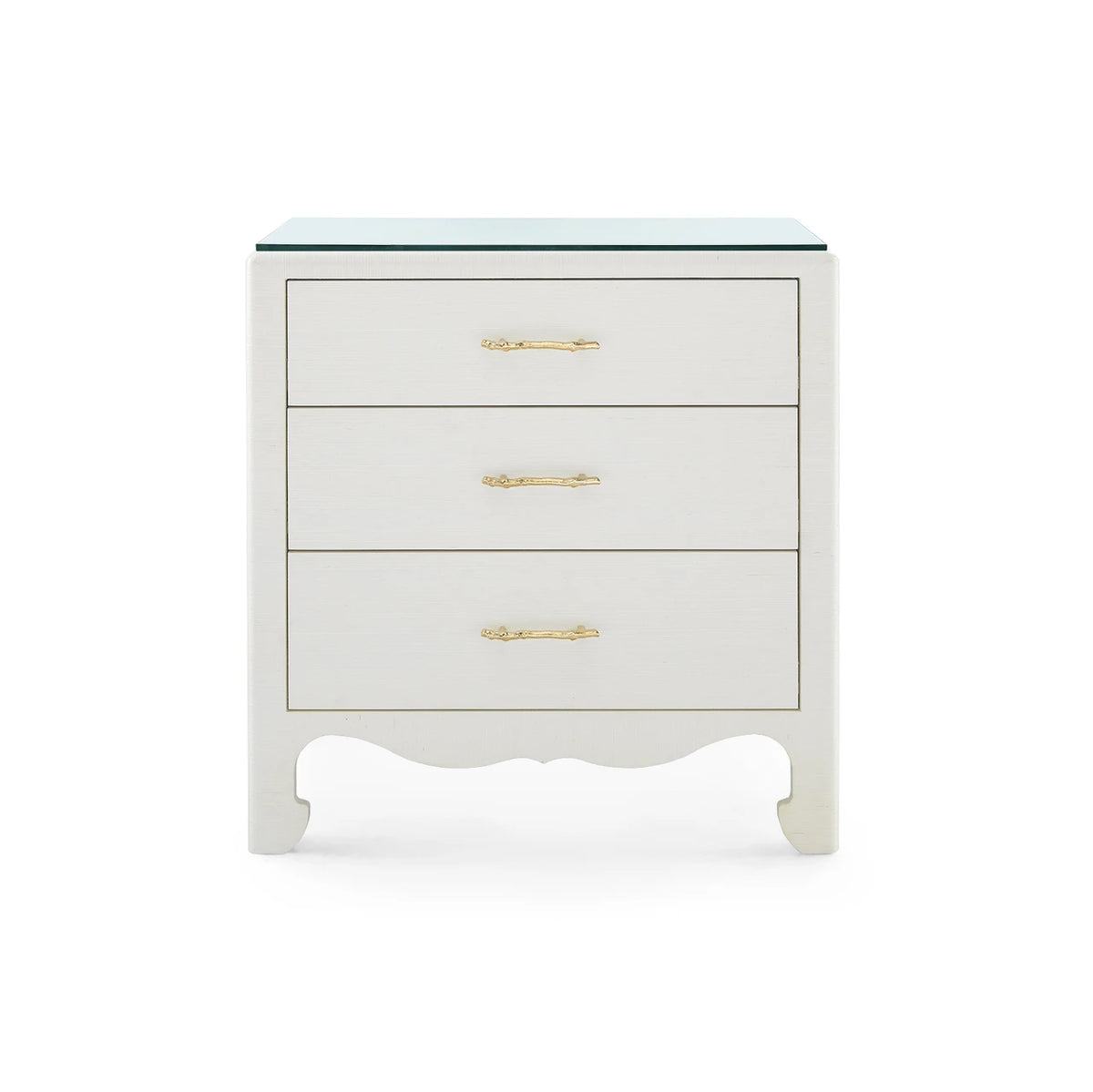 Gianna 3-Drawer Side Table by Villa & House — Sand White grasscloth finish with glass top, front view