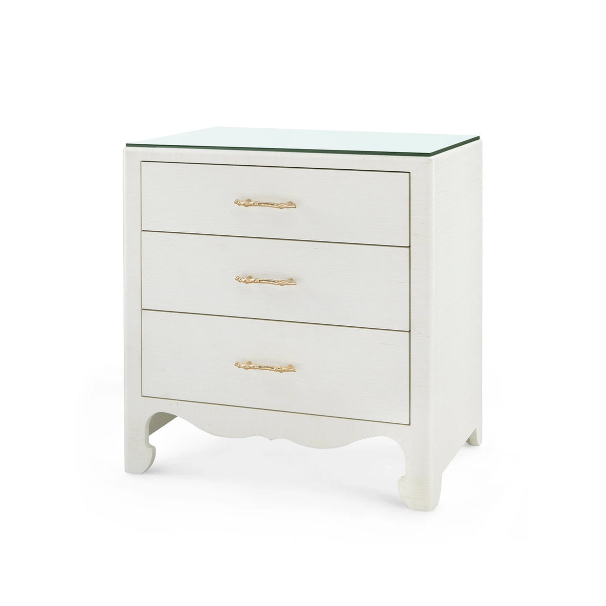 Gianna 3-Drawer Side Table by Villa & House — Sand White grasscloth with glass top and brass pulls, angled view