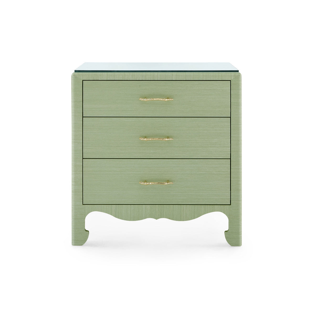 Gianna 3-Drawer Side Table by Villa & House — Spring Green grasscloth finish with glass top, front view