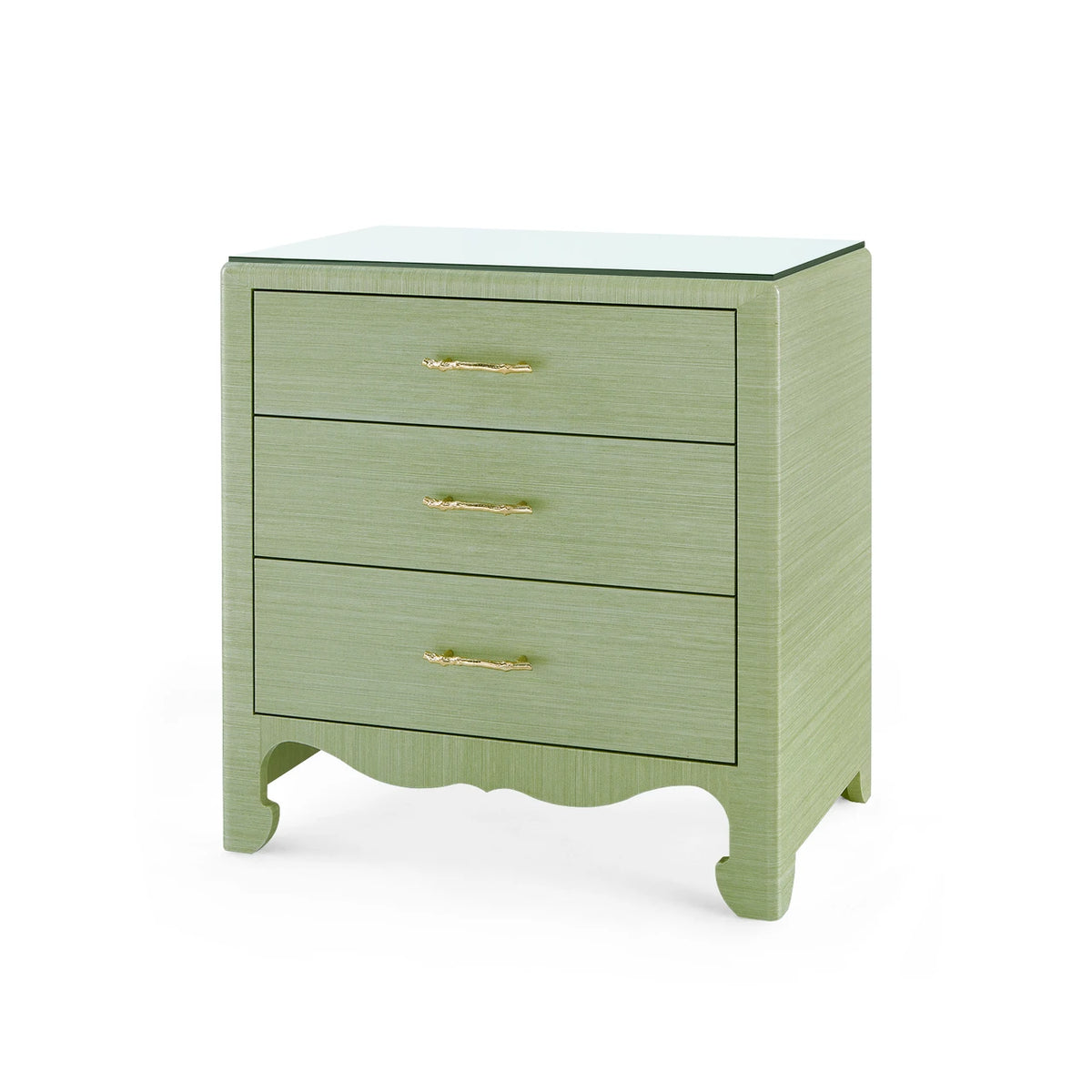 Gianna 3-Drawer Side Table by Villa & House — Spring Green grasscloth with glass top and brass pulls, angled view