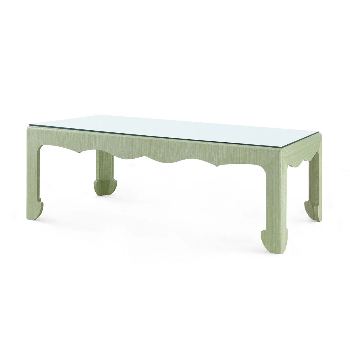 Gianna Coffee Table with Glass Top by Villa & House — Spring Green grasscloth, angled view