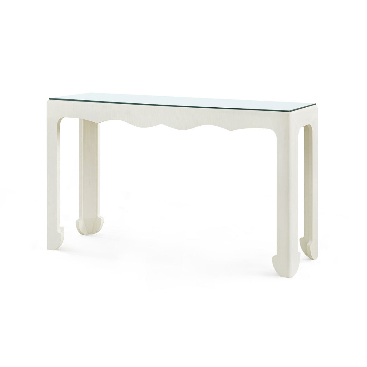 Gianna Console with Glass Top by Villa & House — Sand White grasscloth, angled view