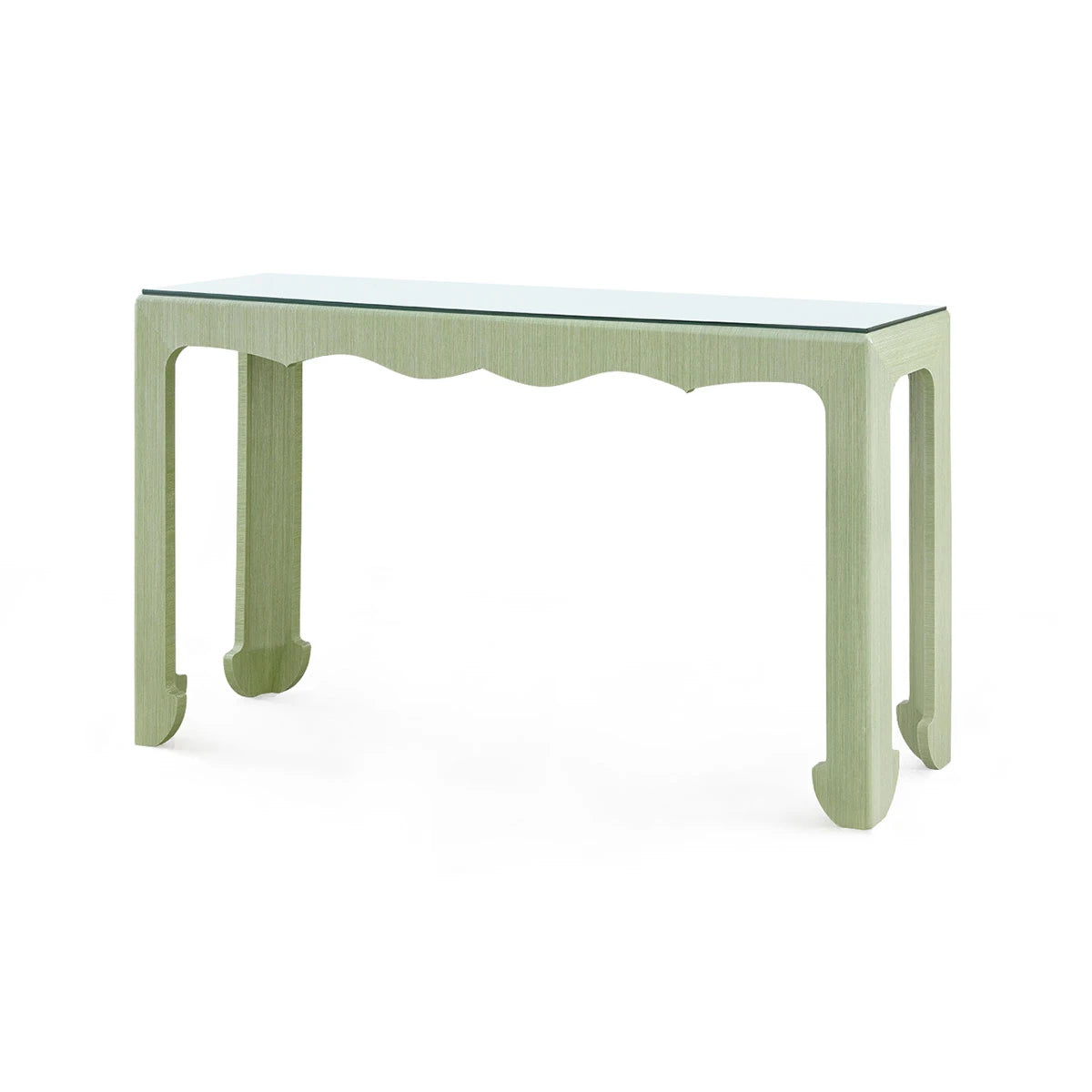 Gianna Console with Glass Top by Villa & House — Spring Green grasscloth, angled view