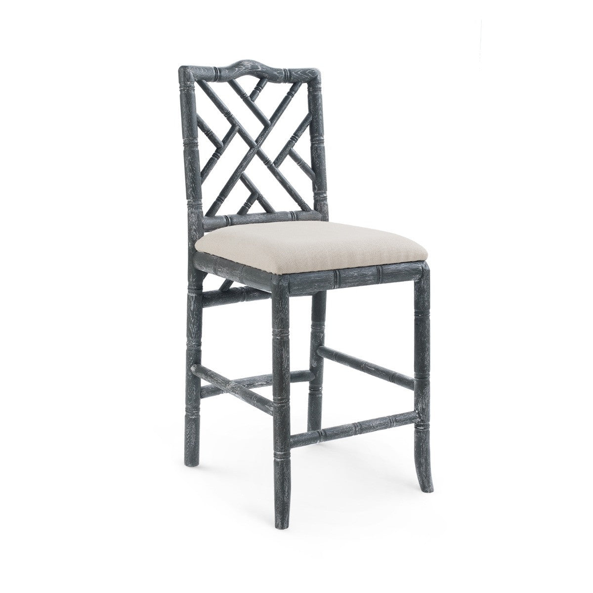 Hampton Counter Stool in Gray by Villa & House — angled front view with dark gray limed-oak fretwork frame and linen cushion
