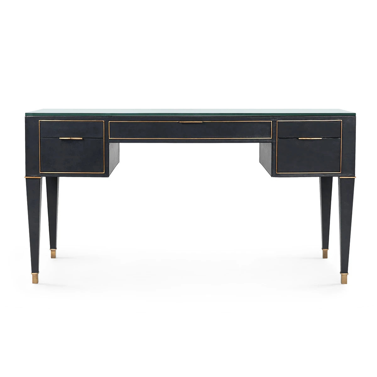 Hunter Desk with Glass Top by Villa & House — Black top-stitched leather with brass accents, front view