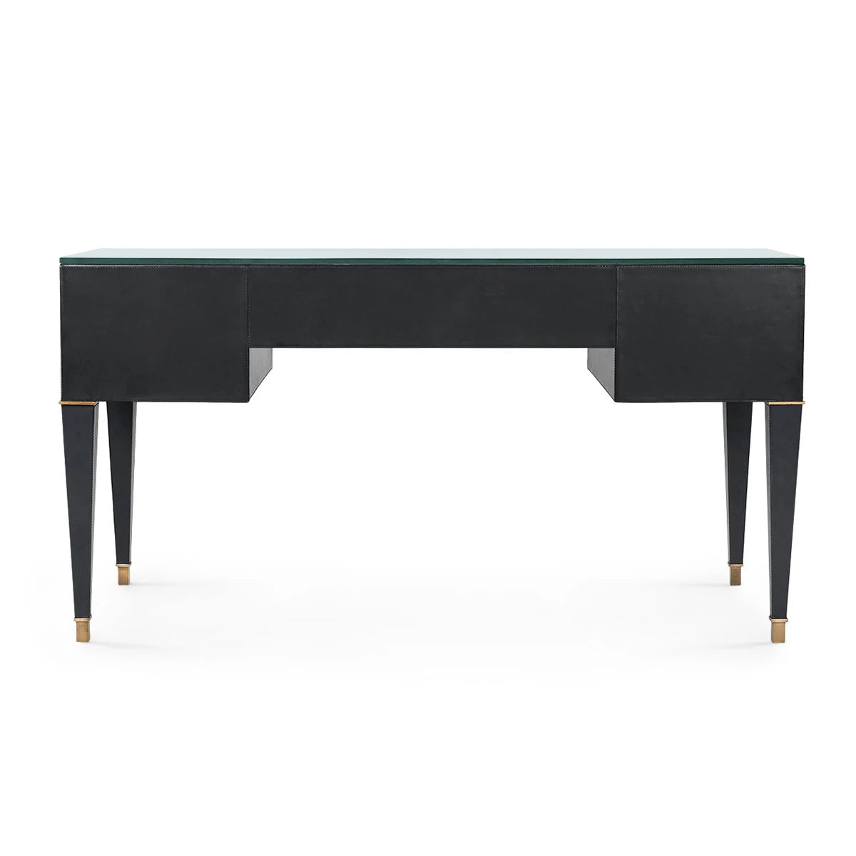 Hunter Desk with Glass Top by Villa & House — Black top-stitched leather, rear view