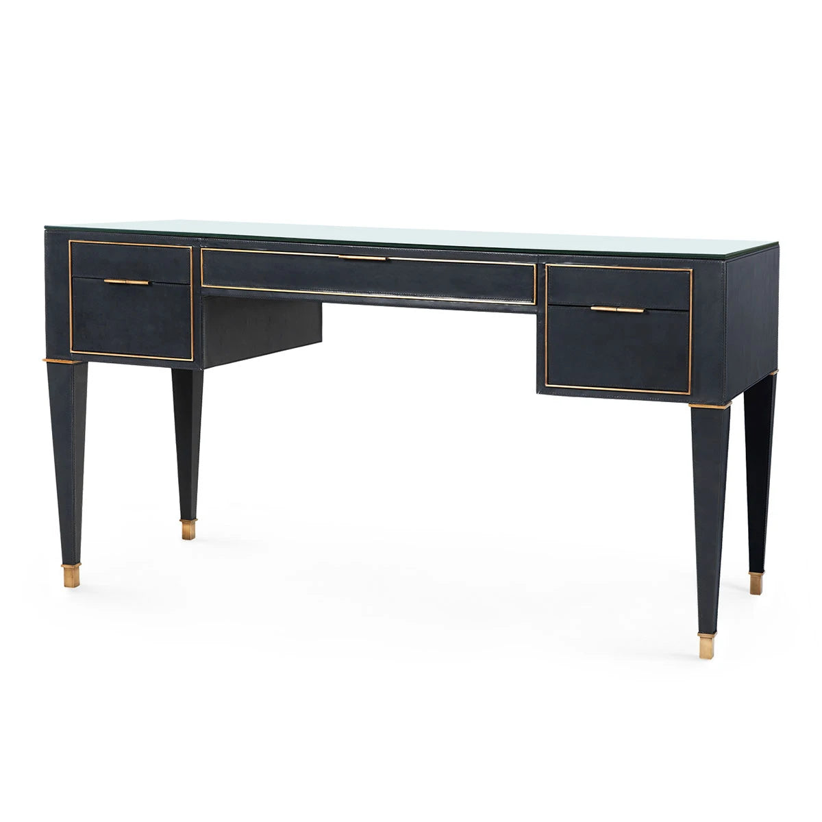 Hunter Desk with Glass Top by Villa & House — Black top-stitched leather with brass accents, angled view