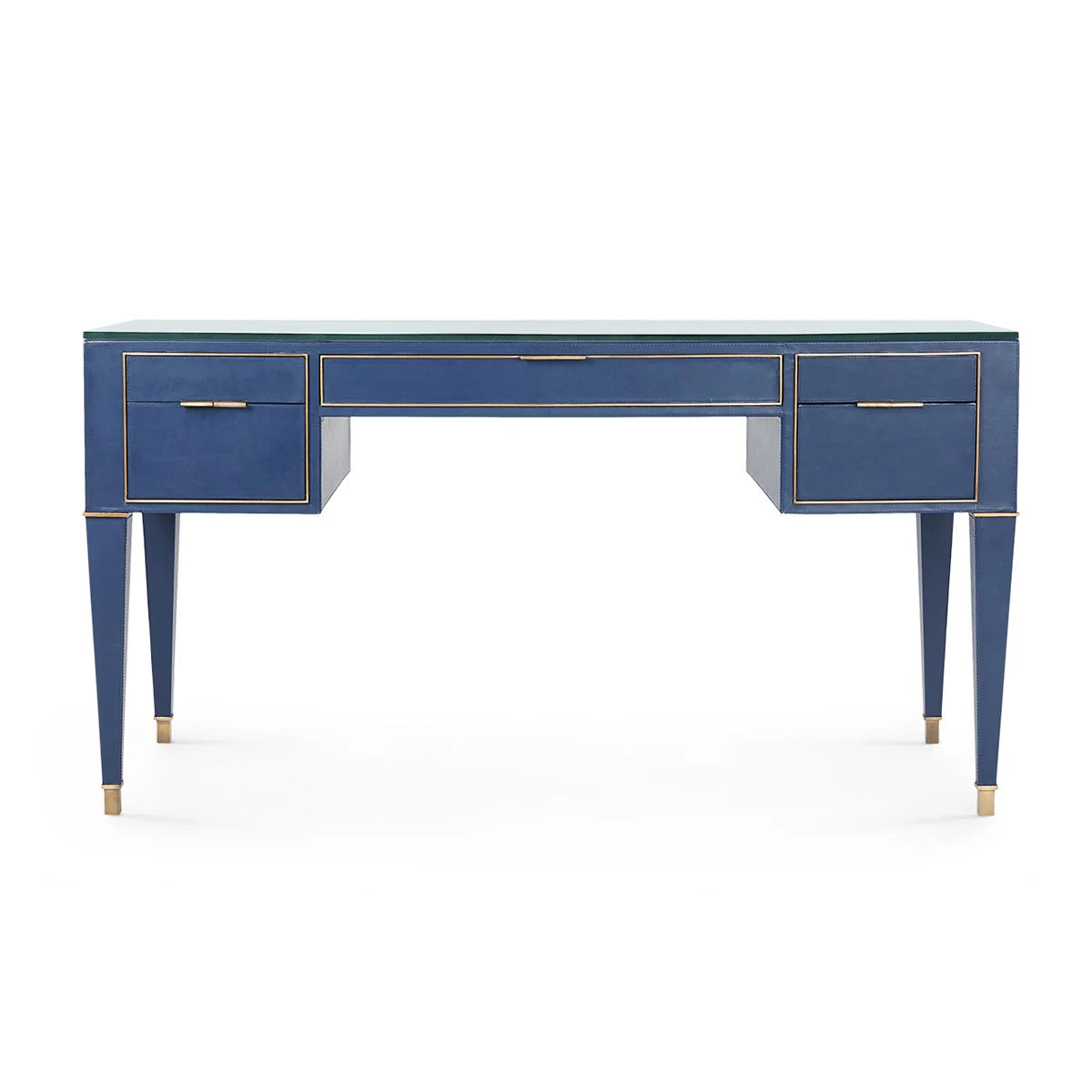 Hunter Desk with Glass Top by Villa & House — Navy Blue top-stitched leather with brass accents, front view