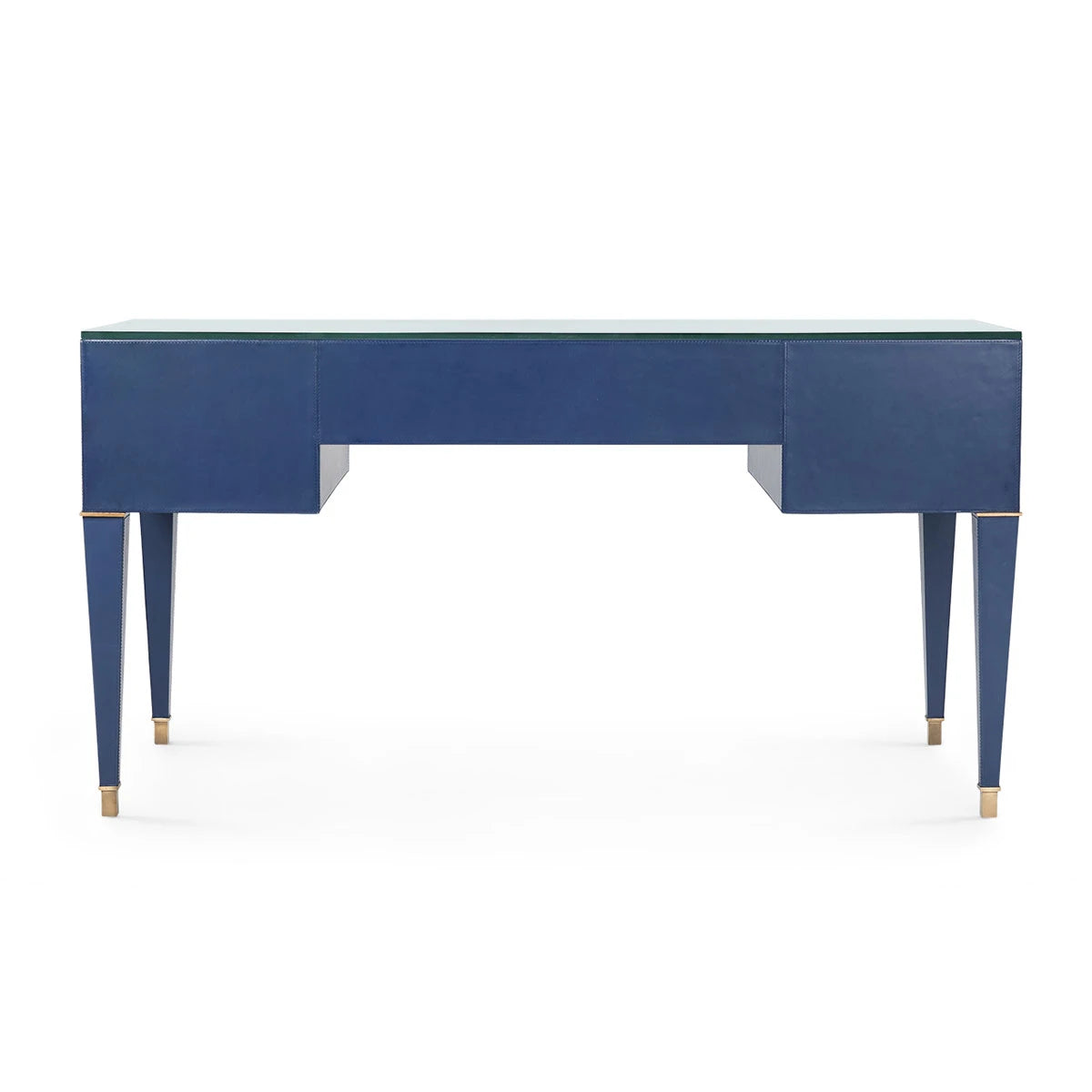 Hunter Desk with Glass Top by Villa & House — Navy Blue top-stitched leather, rear view