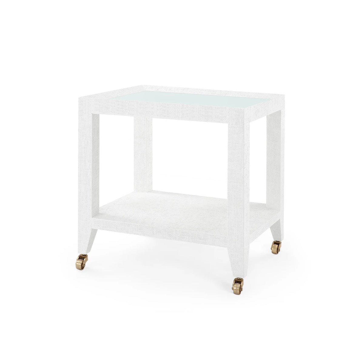 Isadora Tea Table with Glass Top by Villa & House in Chiffon White — angled view with lower shelf and antique-brass casters.