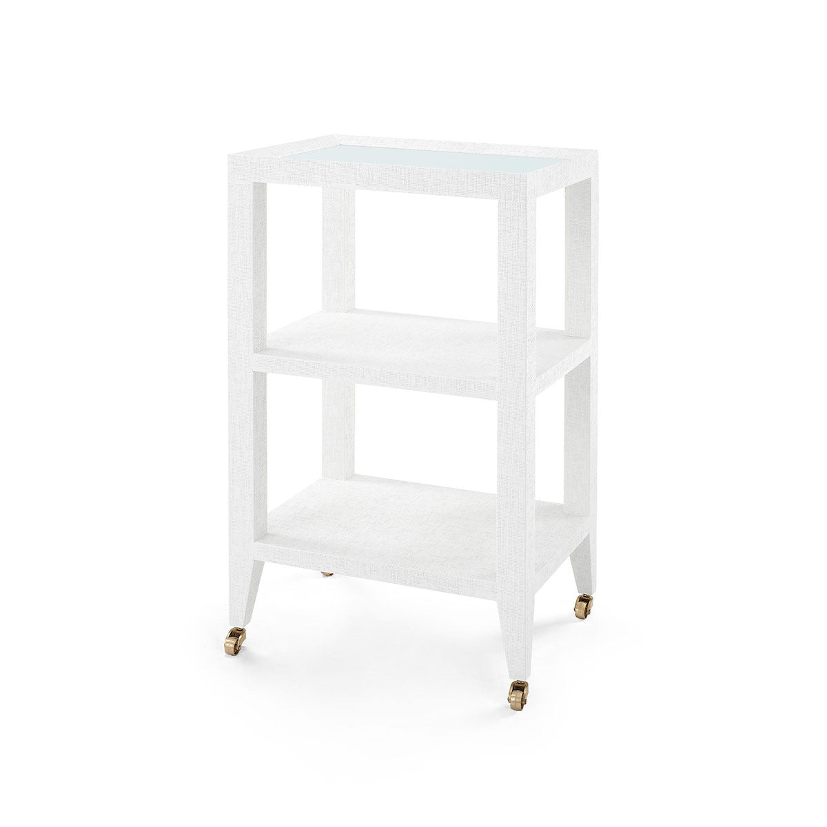 Isadora Side Table with Glass Top by Villa & House in Chiffon White grasscloth, angled view with two shelves and brass-finished casters.