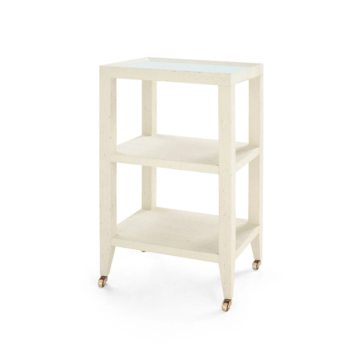 Isadora Side Table with Glass Top by Villa & House in Canvas Cream grasscloth, angled view with two shelves and brass-finished casters.
