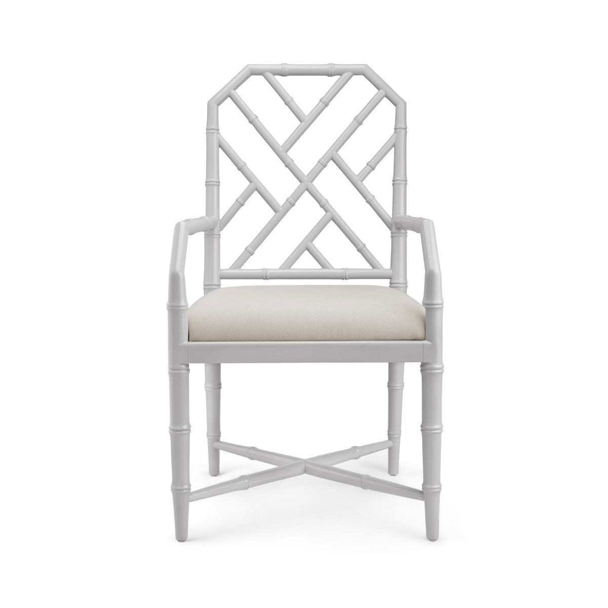Jardin Armchair by Villa & House — lacquered mahogany dining chair, front view showing lattice back and natural linen cushion.