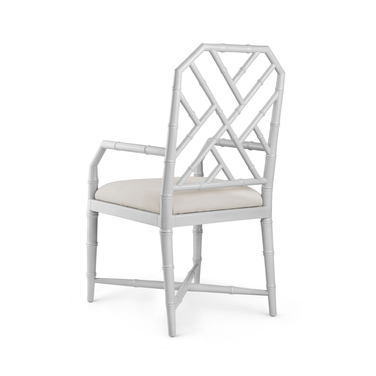 Jardin Armchair by Villa & House — lacquered mahogany dining chair, rear three-quarter view showing lattice back and linen cushion.