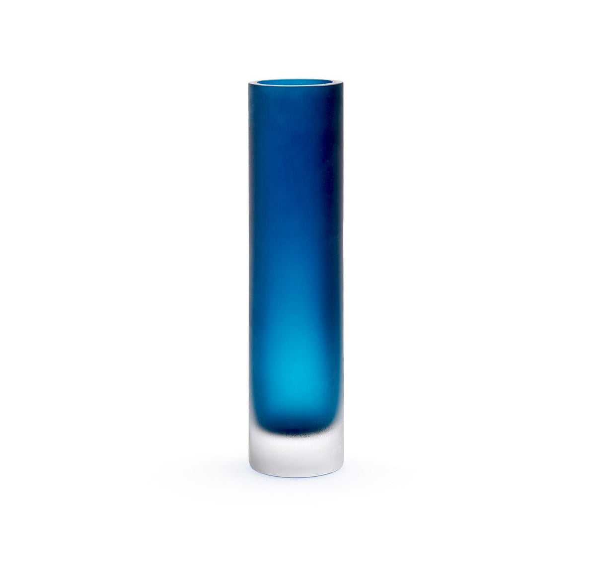 Lungo Large Vase by Villa & House — Mediterranean Blue handblown glass cylinder with sandblasted finish, front view.