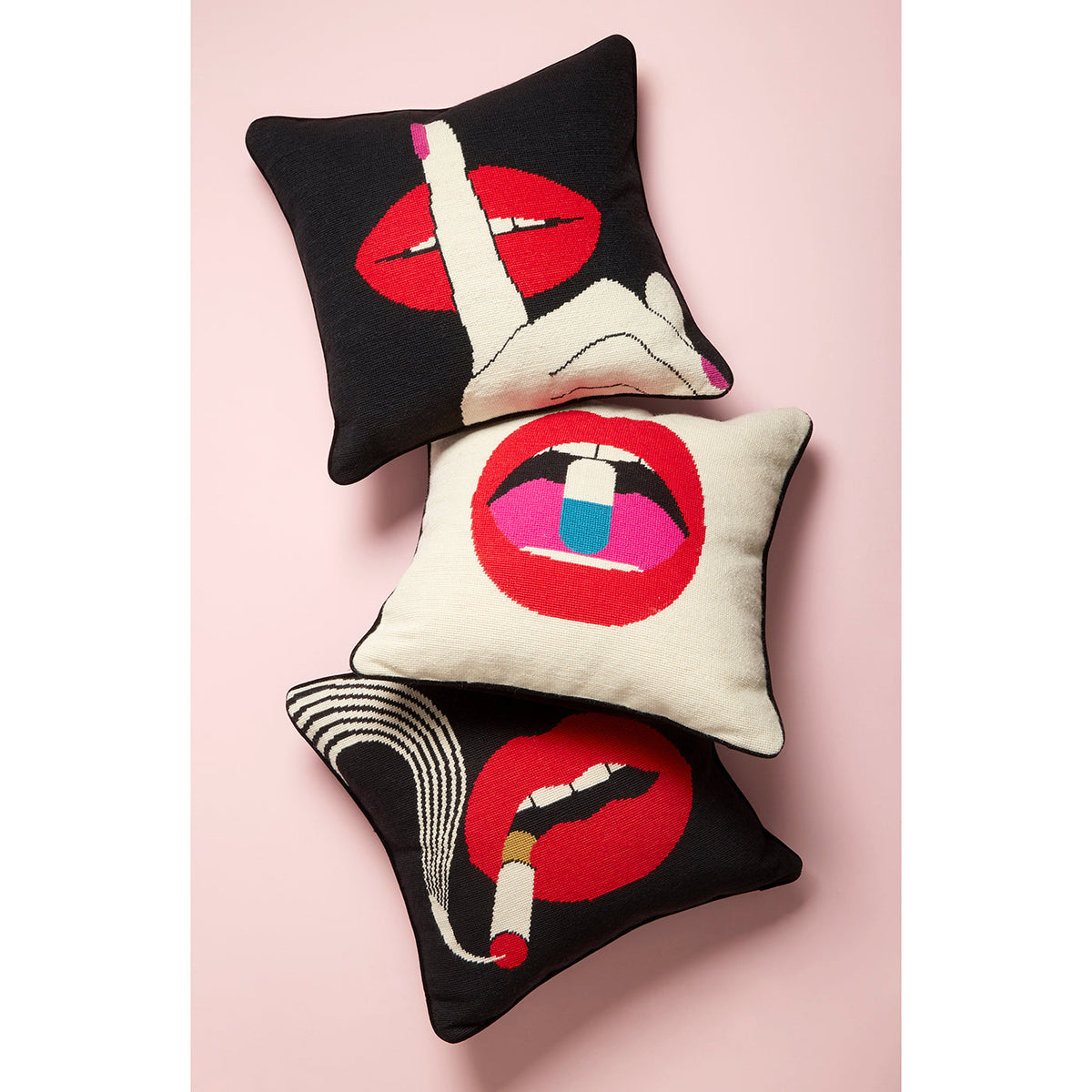 Lips Hush Needlepoint Pillow