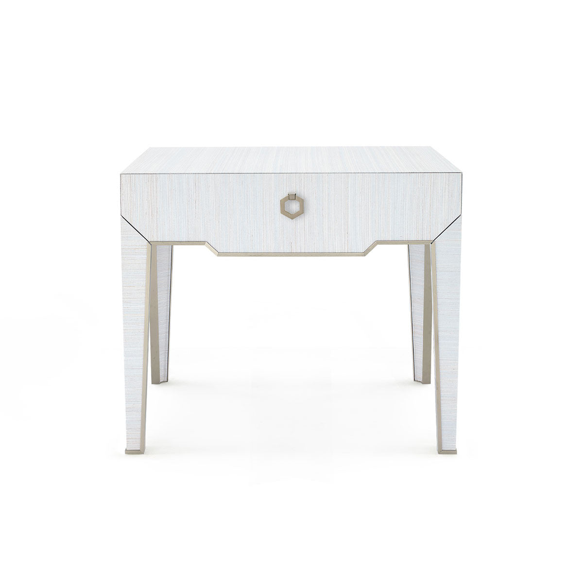 Madeline 1-Drawer Side Table by Villa & House — Platinum Shimmer grasscloth, front view with single drawer and bronze pull