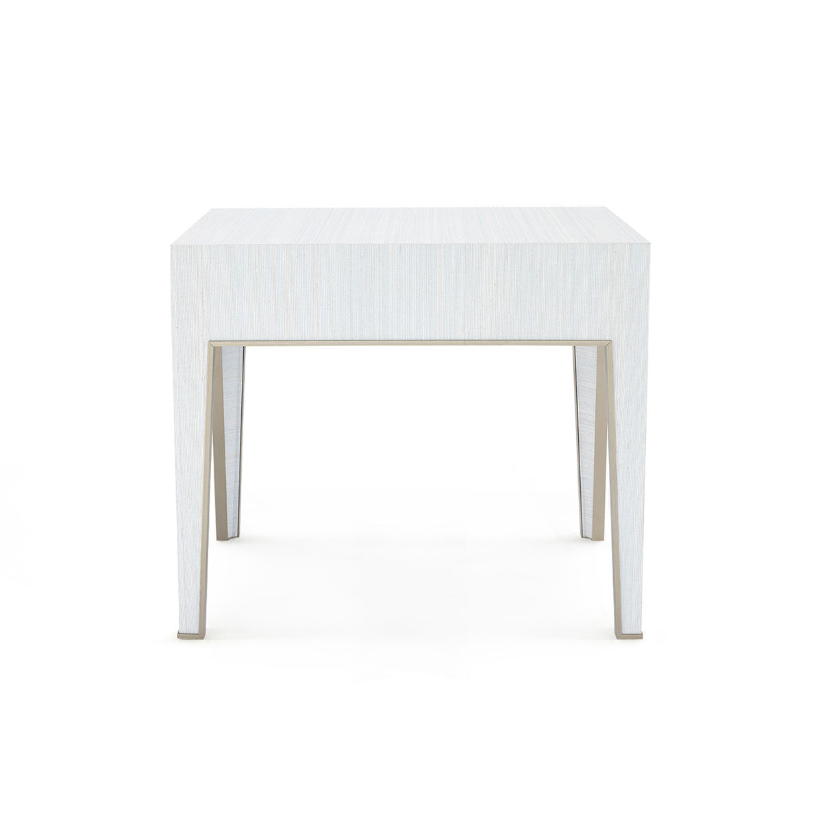 Madeline 1-Drawer Side Table by Villa & House — Platinum Shimmer grasscloth, rear view showing tapered legs and wrapped back