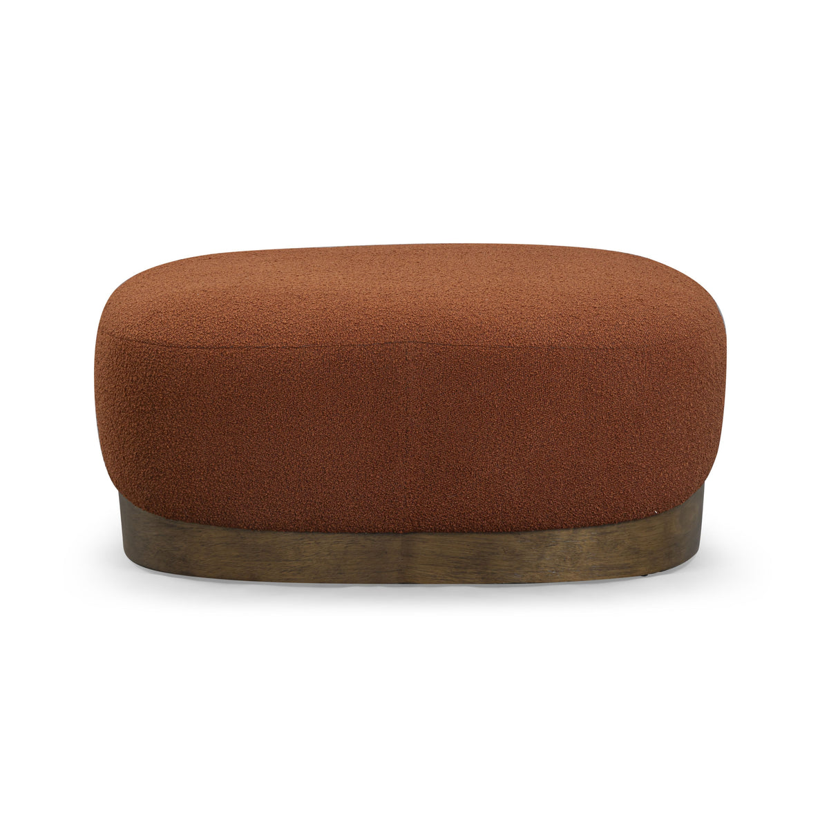 Domina Boucle Ottoman in Autumn Red, straight-on short-side view of the rounded upholstered cushion