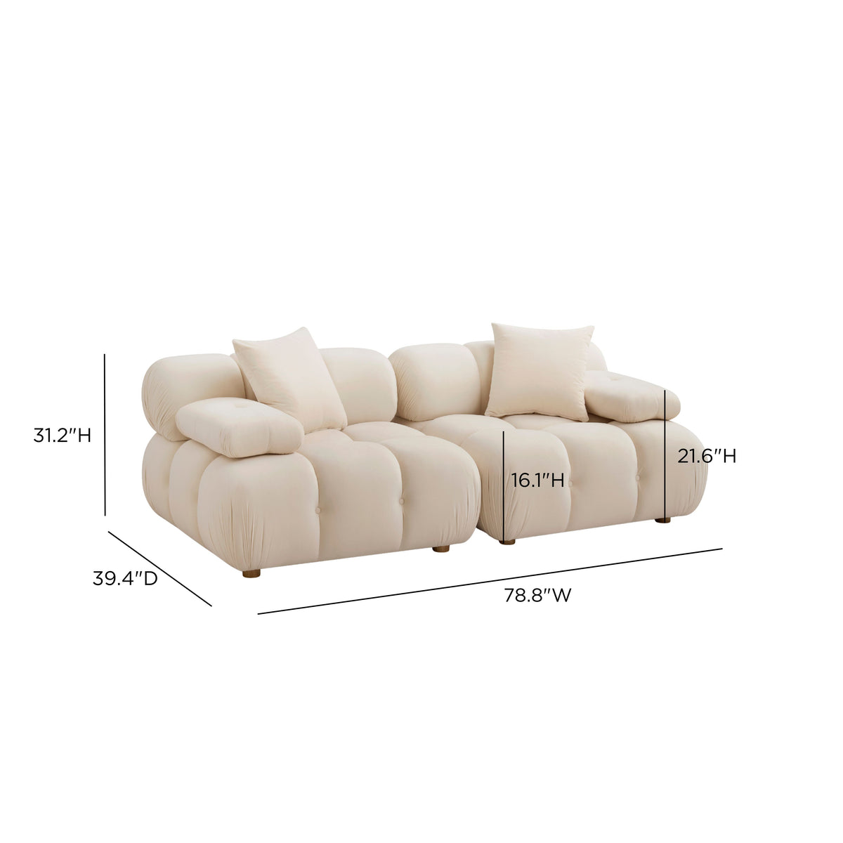 Calliope 79" Modular Loveseat by TOV Furniture — off-white loveseat dimensional diagram