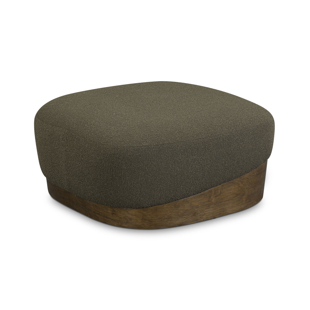 Domina Boucle Ottoman by TOV Furniture in Kale Green, three-quarter view with a curved wood plinth base