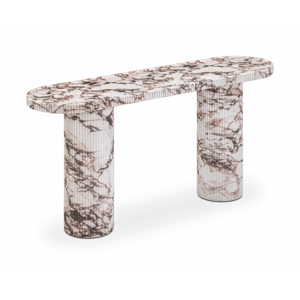 Darcy 59" Concrete Indoor/Outdoor Console Table by TOV Furniture — faux-marble concrete, front three-quarter view.