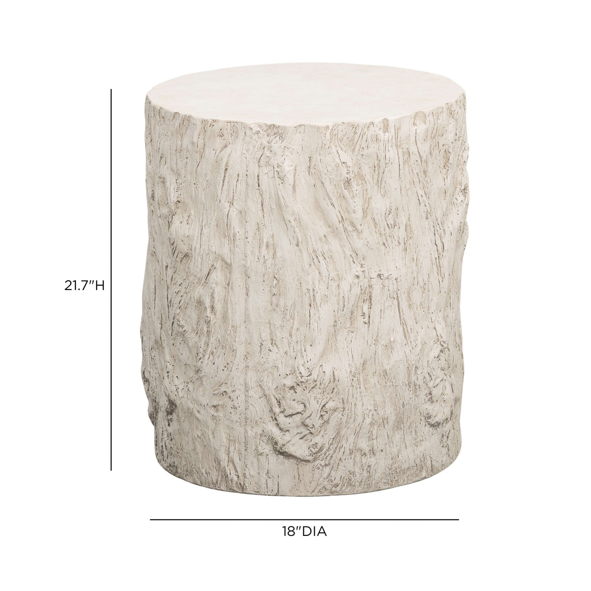 Fawn Driftwood Concrete Indoor/Outdoor Side Table by TOV Furniture — dimensional diagram showing 18-inch diameter and 21.7-inch height.