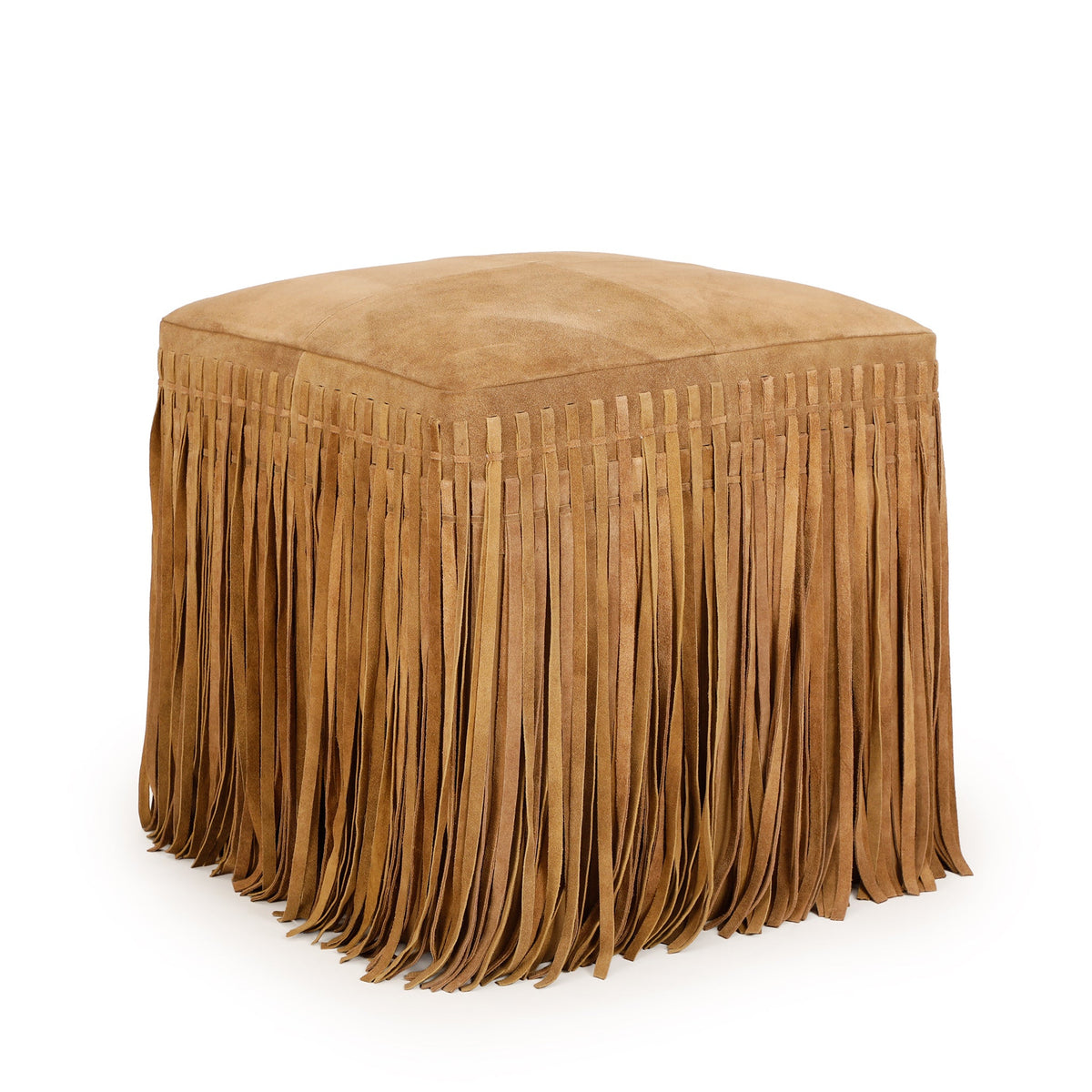 Daphne Square Suede Fringe Ottoman in Saddle Brown, right three-quarter view with long suede fringe