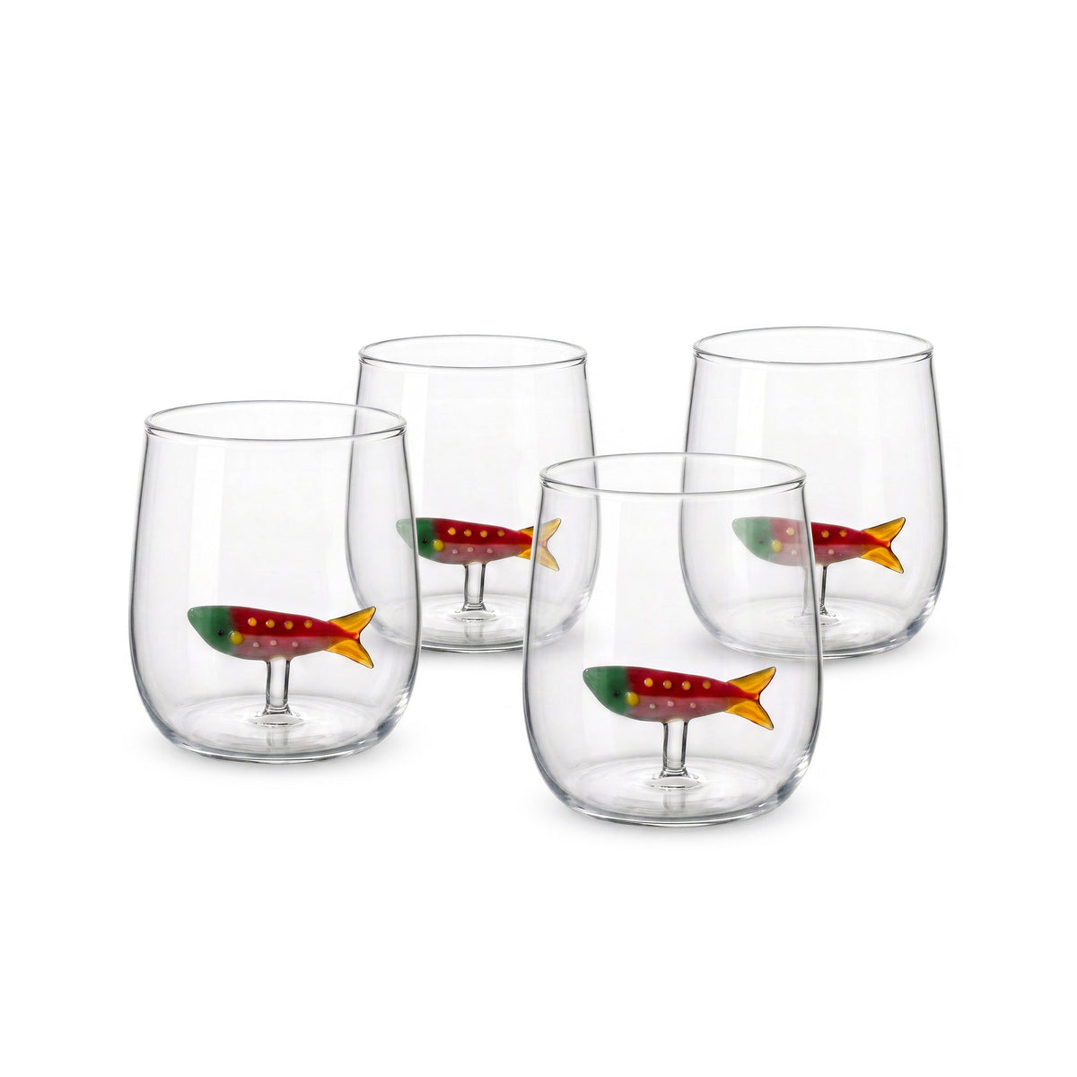 Fishy Water Glass Set of 4 by TOV Furniture — four clear glasses with colorful fish details, grouped view.