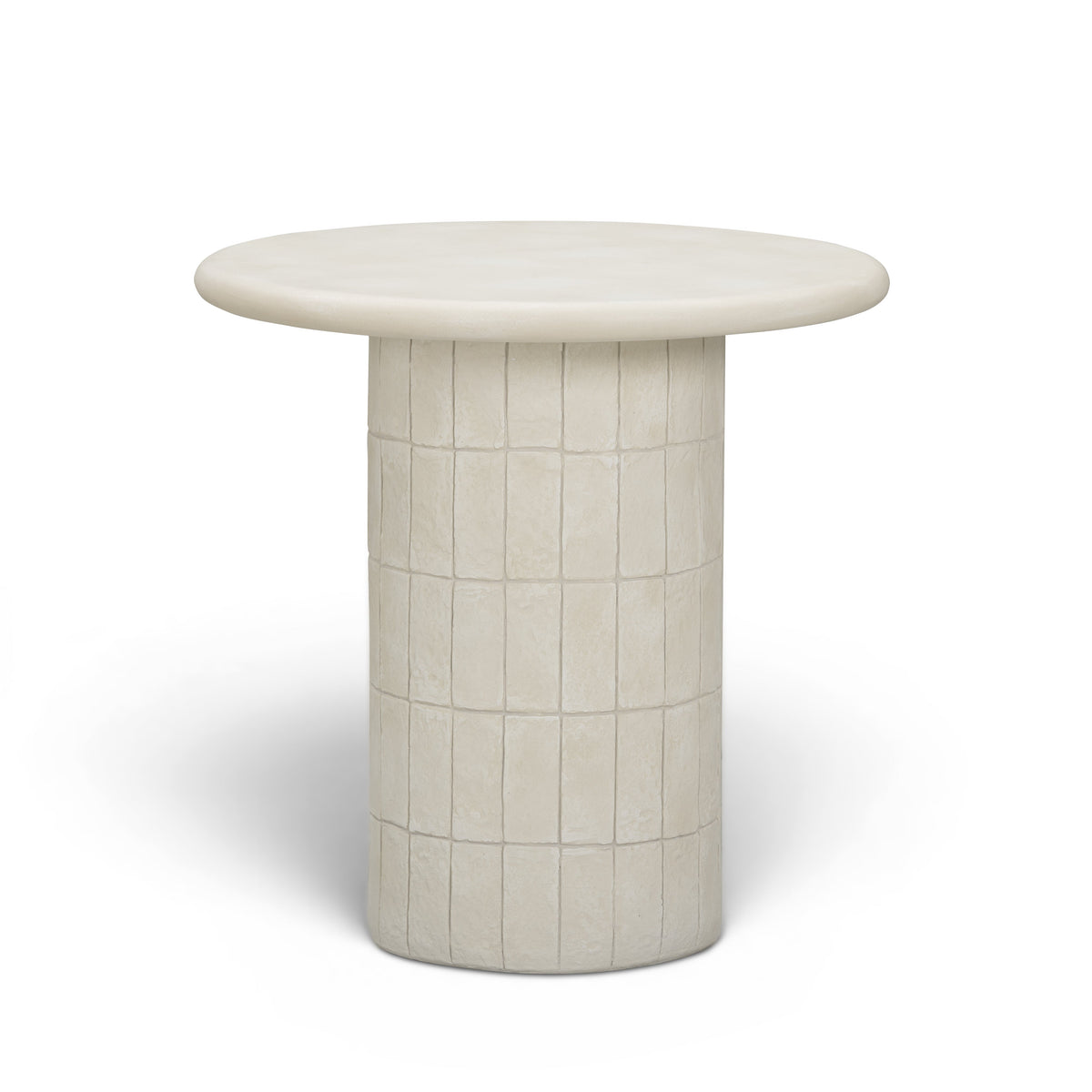 Fafo Beige Indoor/Outdoor Concrete Side Table by TOV Furniture — front view with round top and ceramic-tiled cylindrical base.